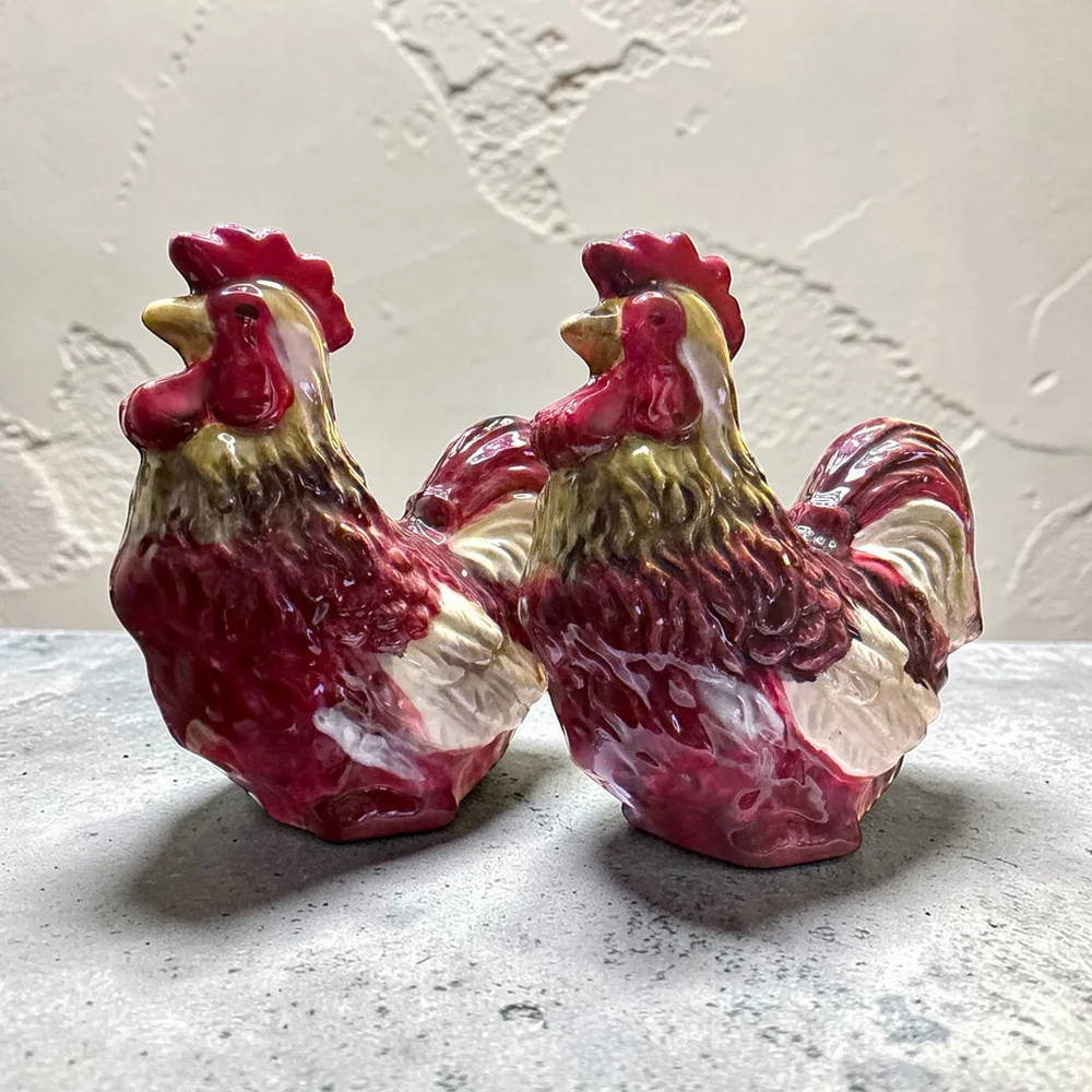 Vintage Ceramic Rooster Salt & Pepper Shakers Farmhouse Country Kitchen DecorA